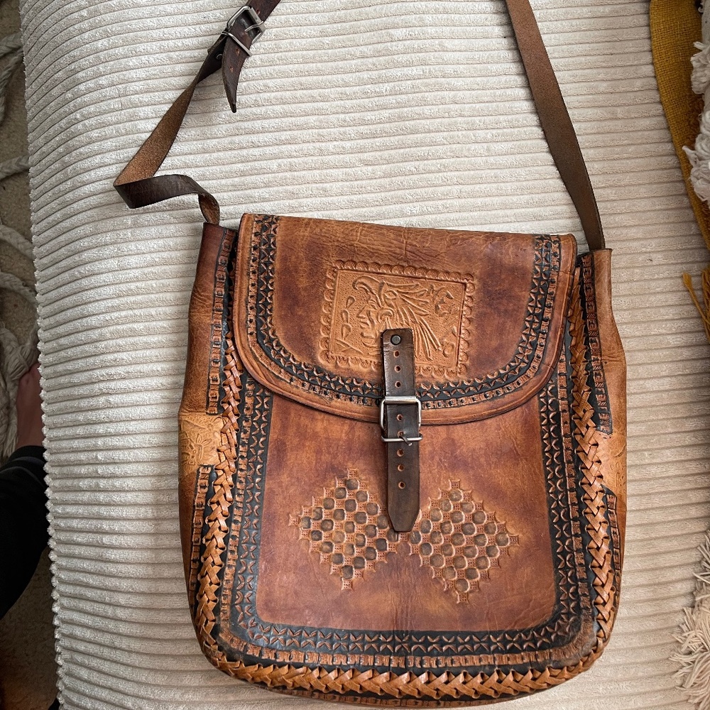 Vintage Tooled Leather Book Satchel Crossbody Messenger Bag